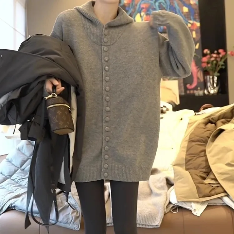 灰色连帽秋冬新款毛衣慵懒风时尚针织外套中长款宽松韩版百搭