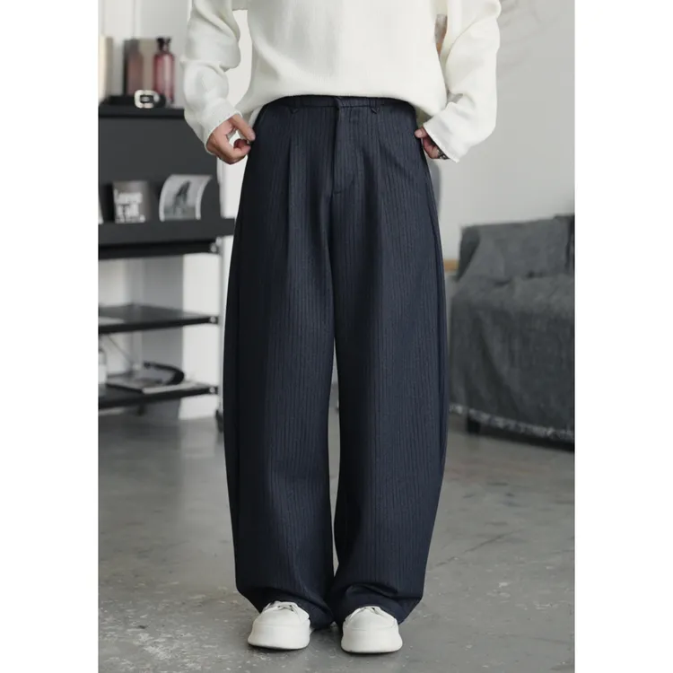 新款高级感时尚百搭竖纹阔腿宽松垂感休闲西裤休闲裤男7611