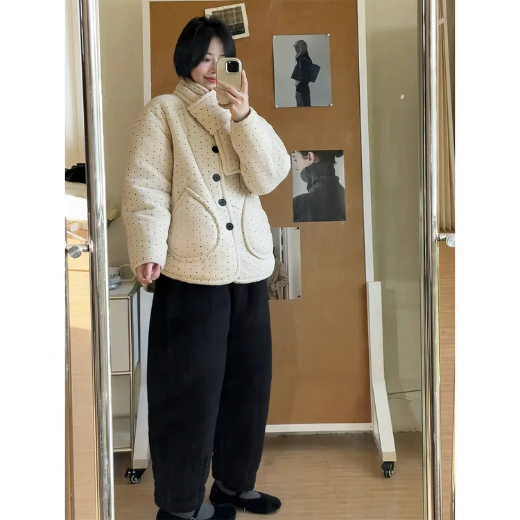 睡衣女韩国风冬季ins三层夹棉波点甜美加绒加厚可外穿家居服套装