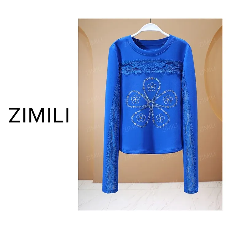 【亮哥女装】2025秋冬新品景泰蓝拼蕾丝烫钻休闲10055-A1