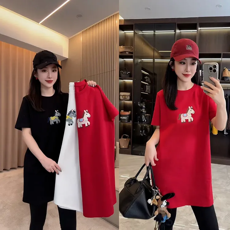 2025年冬新款刺绣小马短袖t恤女韩版圆领宽松显瘦中长款休闲上衣