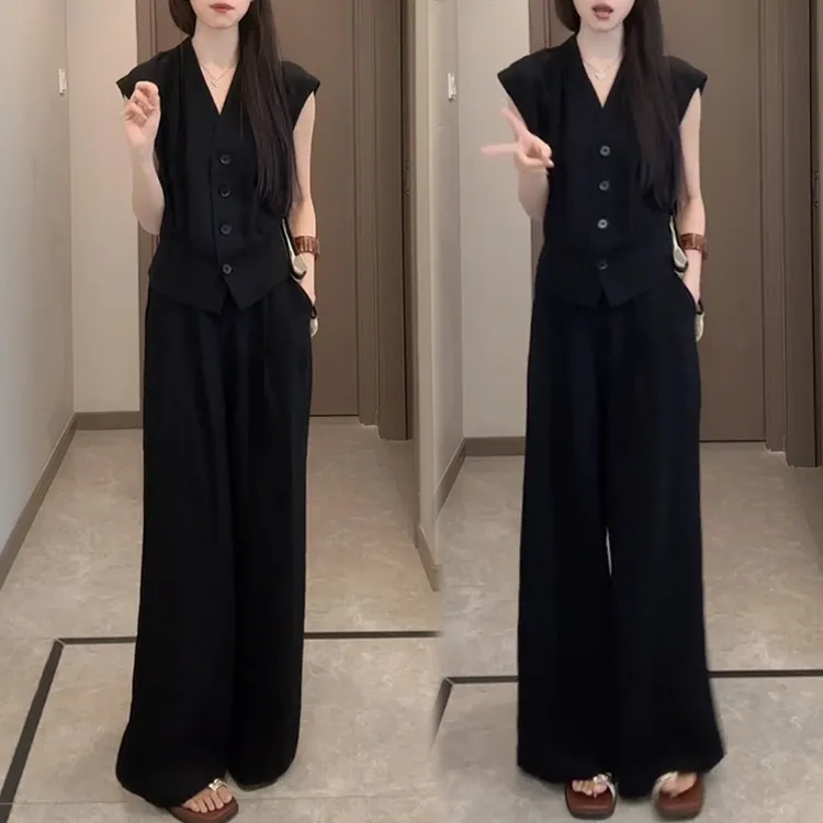 夏装穿搭一整套减龄女夏季2025新款法式名媛马甲阔腿裤套装两件套