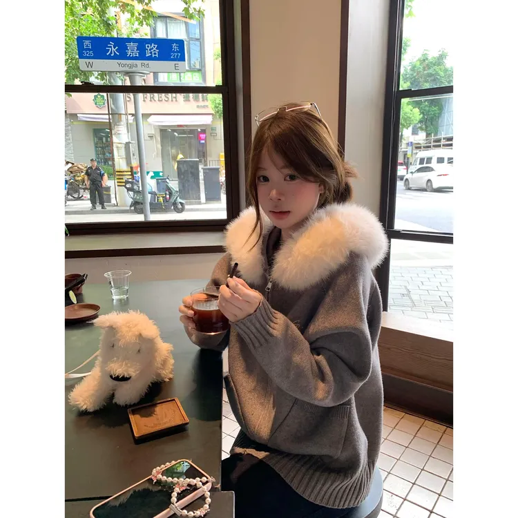 韩系慵懒风灰色毛领外套连帽针织开衫女秋冬季小个子宽松外搭上衣