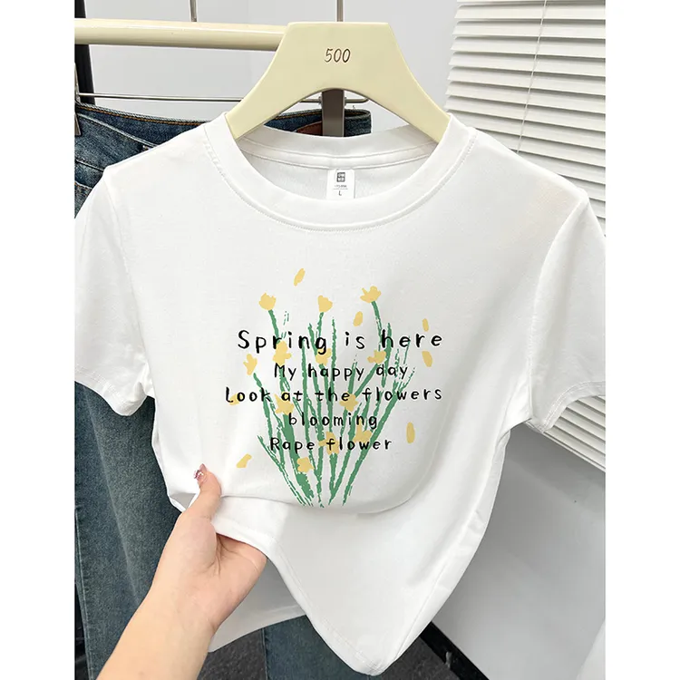2025夏季圆领正肩短袖t恤女今年流行时尚花卉印花显瘦小衫上衣ins