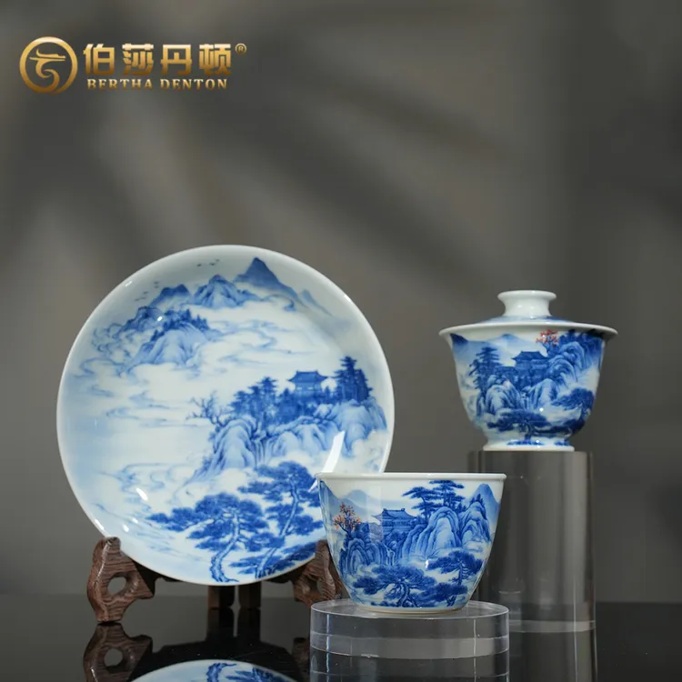 BERTHA DENTON楼阁云雾山水景德镇釉下彩全手工青花手绘送礼茶器