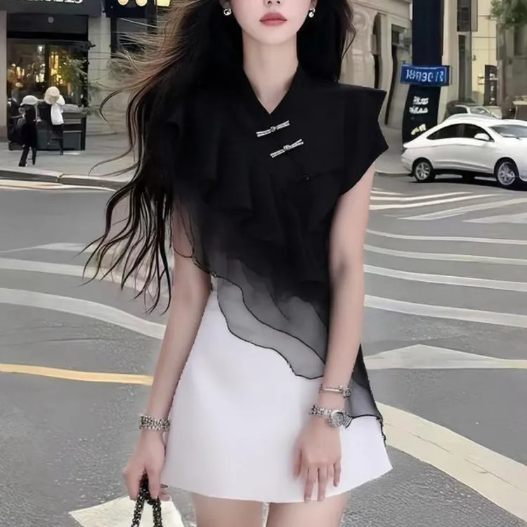 新款时尚撞色拼接别致设计感修身短袖连衣裙温柔知性风氛围感穿搭