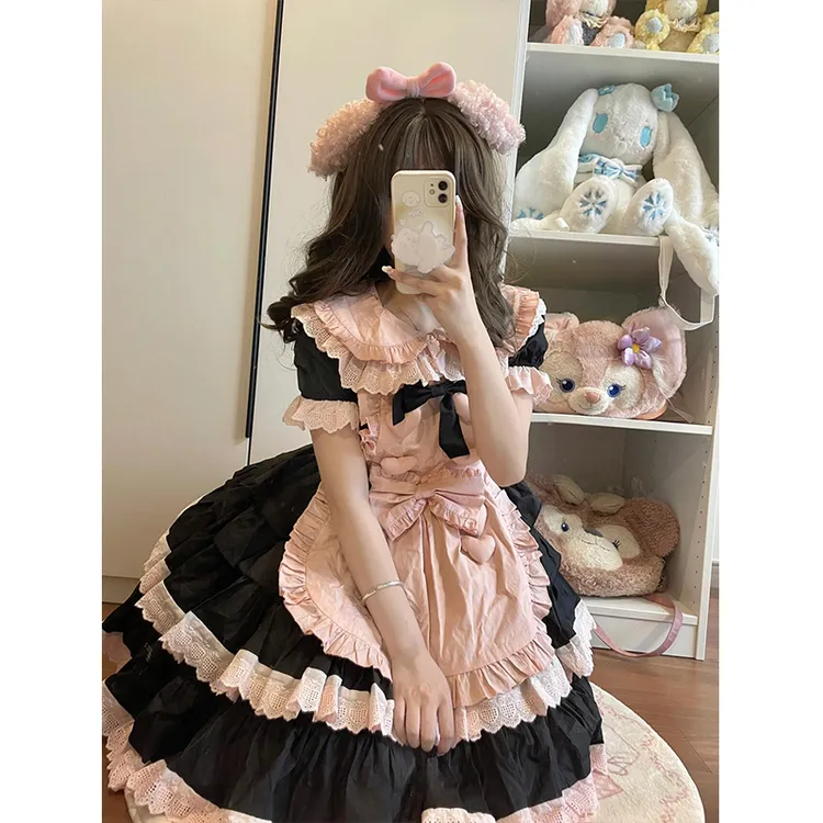 新品跨境高贵甜辣黑粉女仆装风Lolita可爱甜妹软妹OP在逃lolita裙