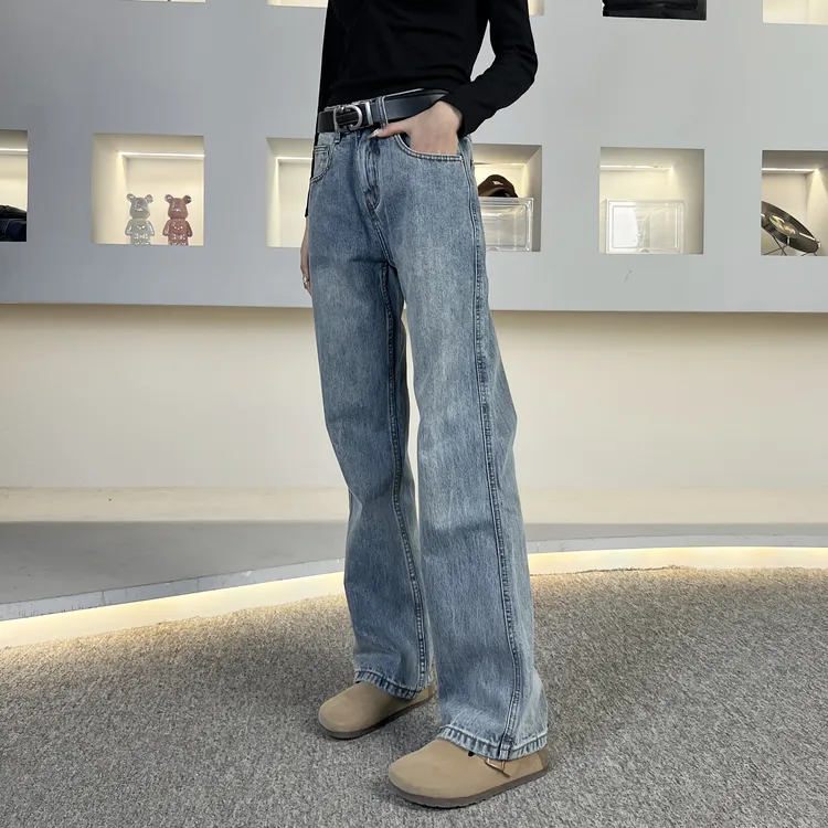 【逸潮】美式休闲竹节冰川蓝牛仔裤痞帅高街男女直筒百搭1156