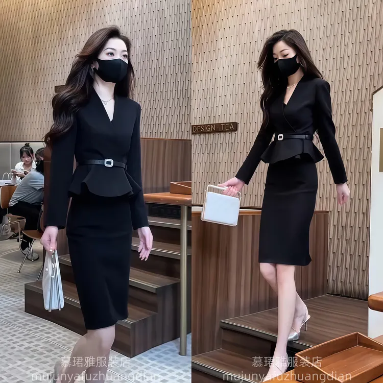 网红爆款时尚套装裙女2025秋季新款性感V领荷叶边显瘦上衣+半身裙