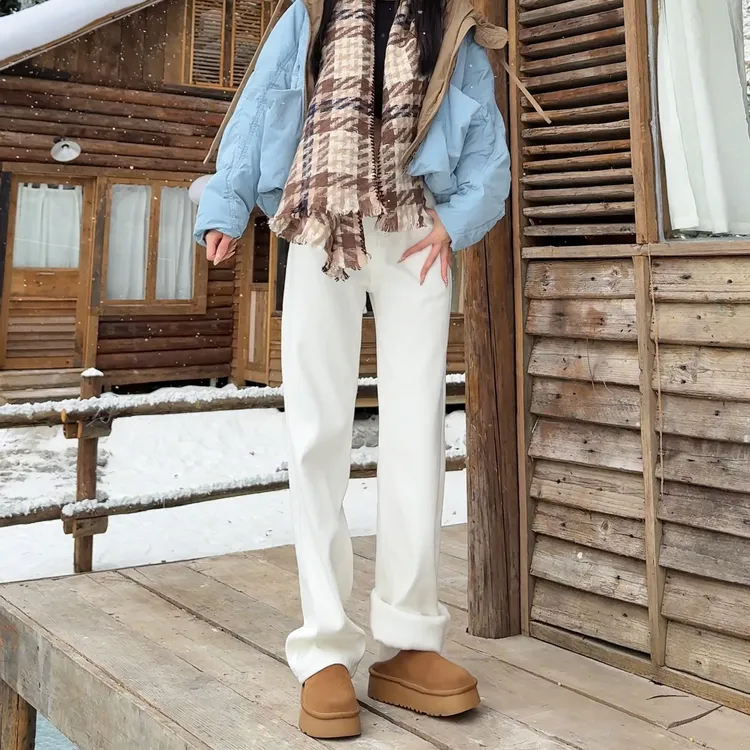 秋冬季白色阔腿裤女生显瘦加绒牛仔裤高腰垂感直筒裤宽松长裤子女