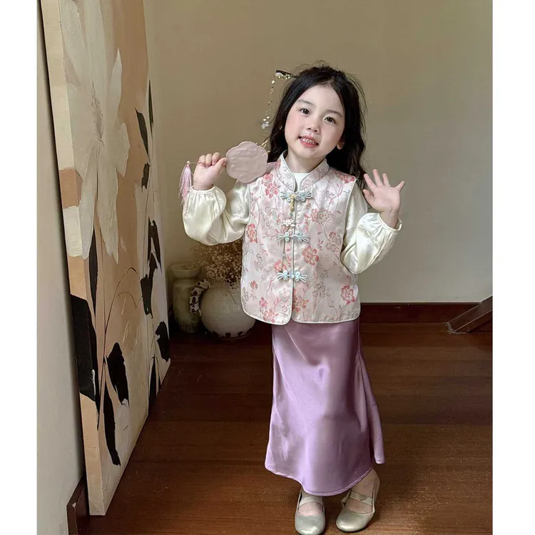 中秋汉服女童旗袍儿童新中式国风套装秋装宝宝粉色马甲衬衫半身裙