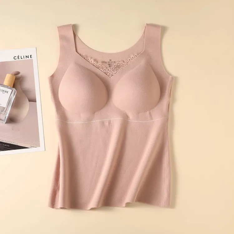 秋冬内里桑蚕丝拉绒保暖背心女免穿文胸加绒防寒舒适打底内搭上衣