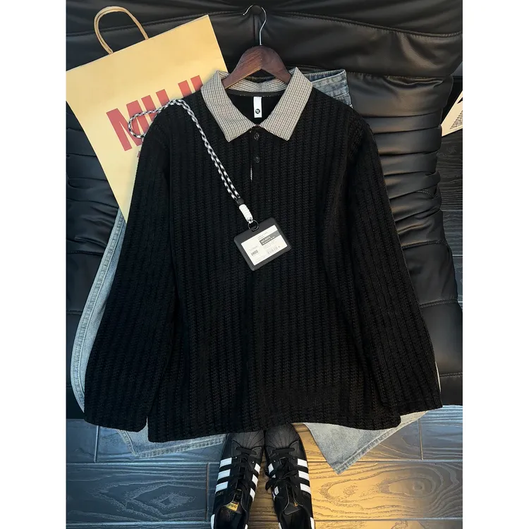 千鸟格鱼骨纹polo领卫衣男冬季加绒打底衫高级感潮牌翻领长袖上衣