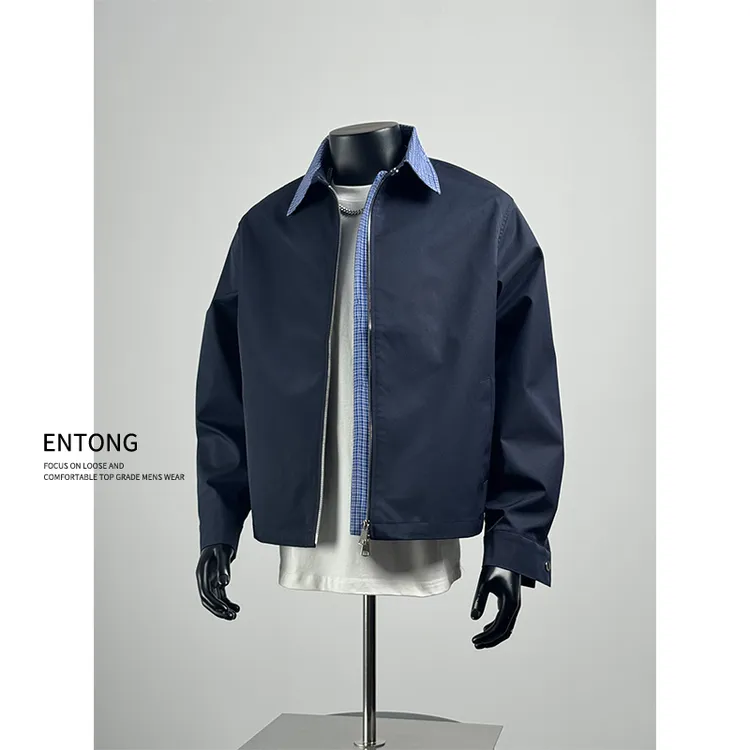 Entong美式拼接格子翻领工装夹克男款大码休闲百搭上衣假两件外套