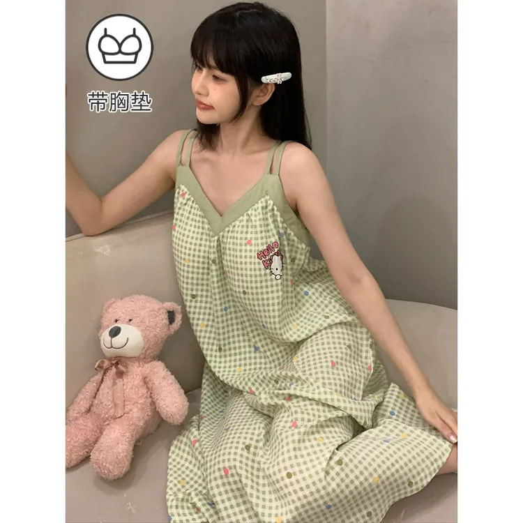 双肩带【KT猫】吊带睡裙女夏季云朵棉2025新款爆款带胸垫家居服中裙