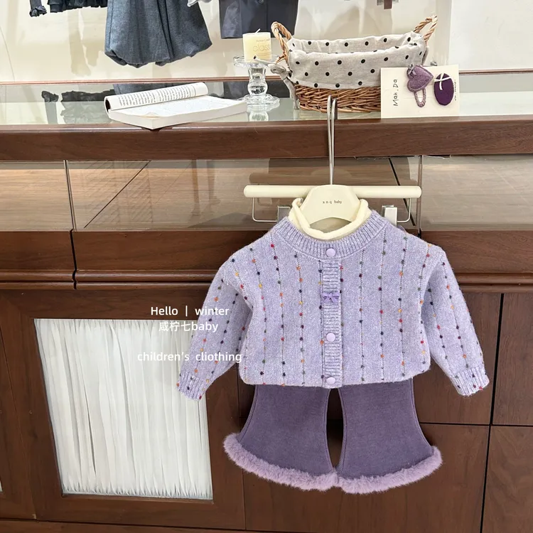 【咸柠七】原创！女童秋冬甜美套头毛衣女宝韩版假两件针织衫喇叭裤