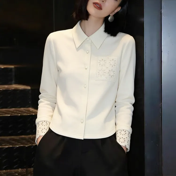 2025秋冬白色衬衫女新款高级感减龄洋气蕾丝拼接加厚磨毛长袖上衣