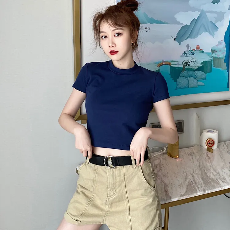 百搭圆领正肩紧身t恤打底衫女夏季新款修身显瘦短袖内搭短款上衣