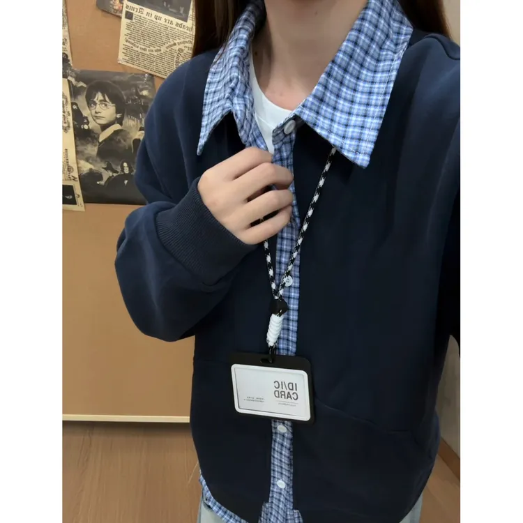 美式复古假两件卫衣开衫男款秋季格子拼接cleanfit慵懒风情侣外套