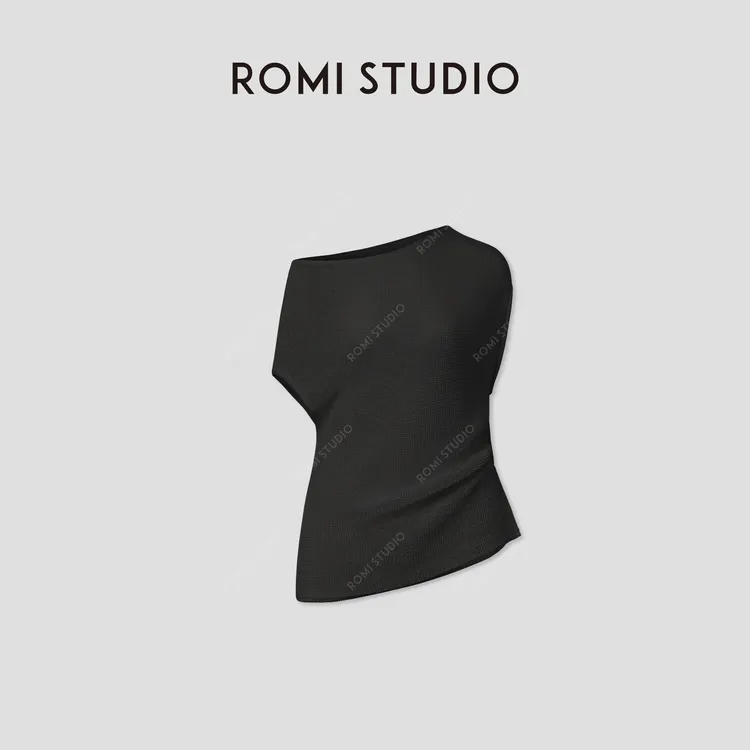 ROMI STUDIO“松弛随性”春夏设计感不规则斜肩针织T恤 RWCRSJ2627