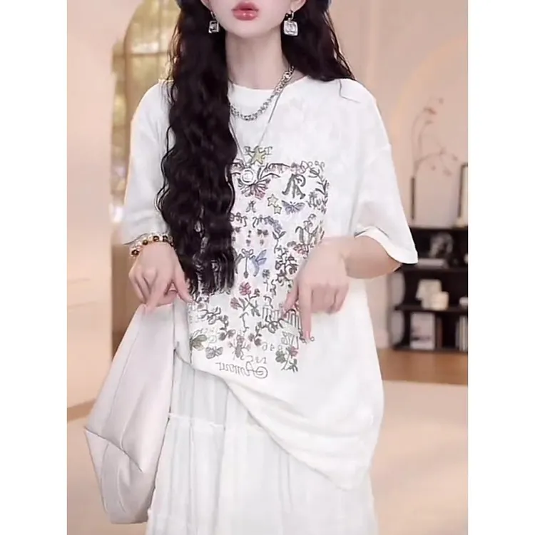 蕾丝提花白色短袖t恤女2025年夏季新款薄款冰丝上衣宽松圆领体恤