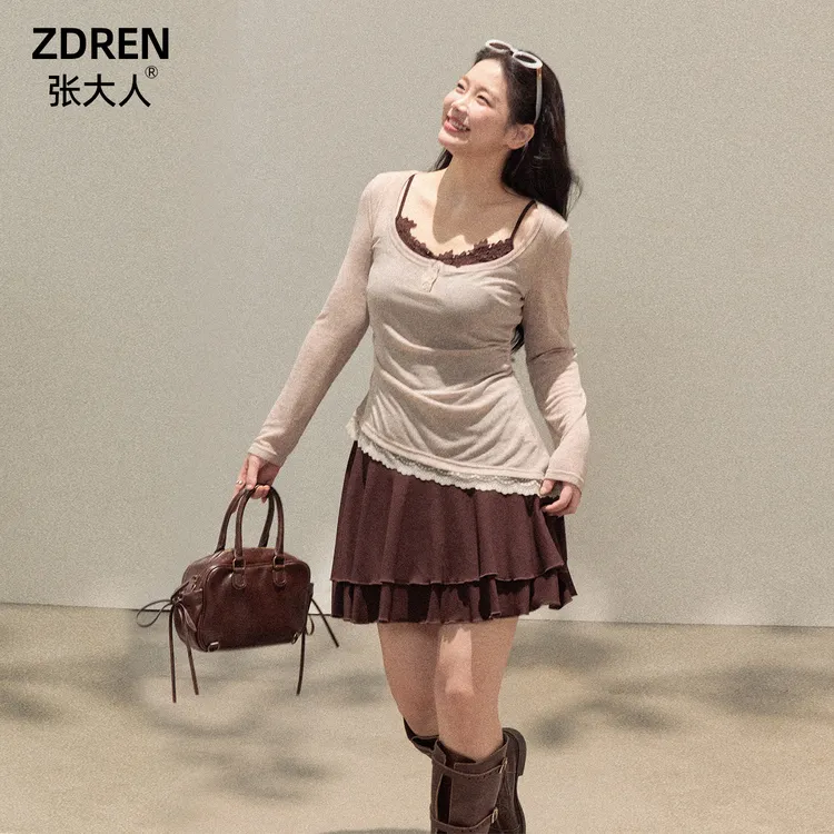 张大人【可可拿铁】大码女装微胖妹妹纯欲蕾丝收腰设计真两件连衣裙