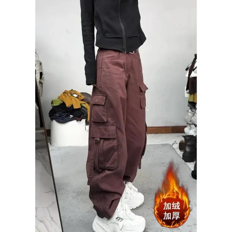 枣红色加绒弯刀工装裤秋冬新爆款显瘦潮搭高街风高级感女牛仔裤