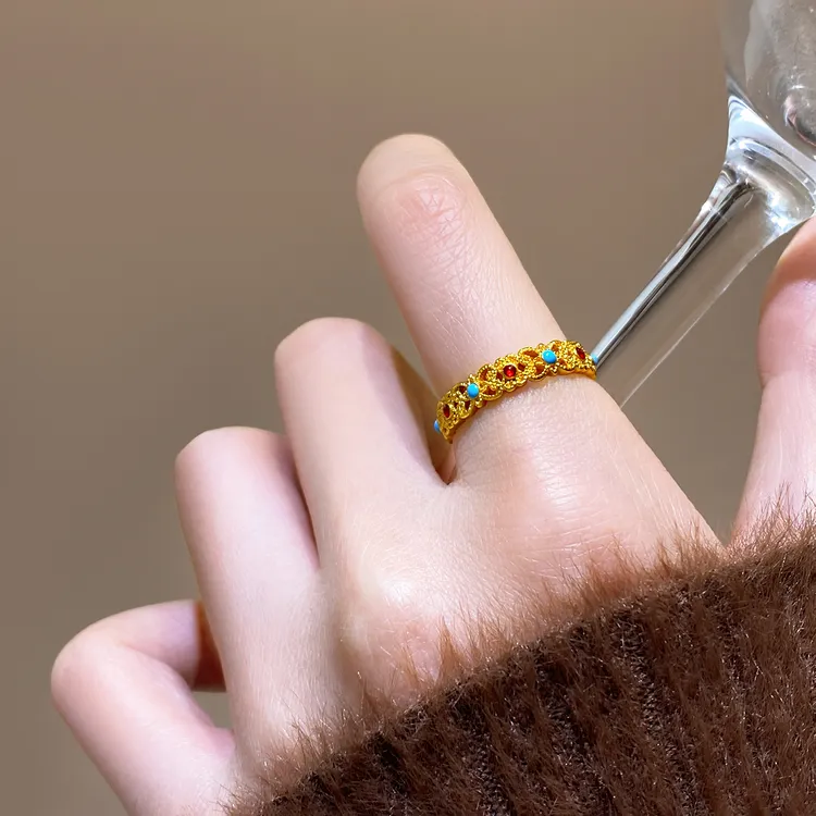铜合金戒指 金色珐琅彩开口戒指女轻奢高级感食指环2025新款爆款