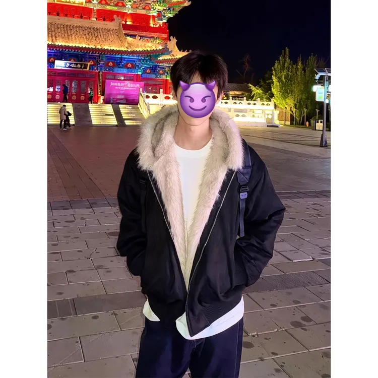 黑色座山雕毛领短款棉服男款冬季加绒保暖连帽棉衣高级感加厚外套