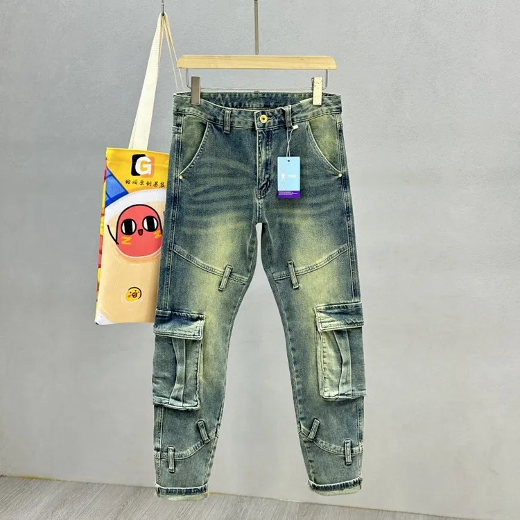 美式复古潮牌多口袋工装牛仔裤男士潮流拼接高端时尚修身小脚长裤