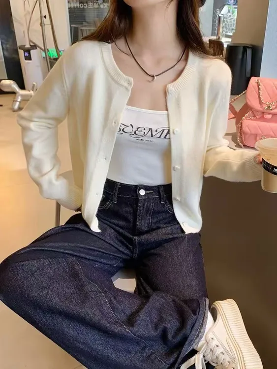 纯色毛衣女长袖毛针织衫针织开衫短款春秋季上衣女装学生外套薄款