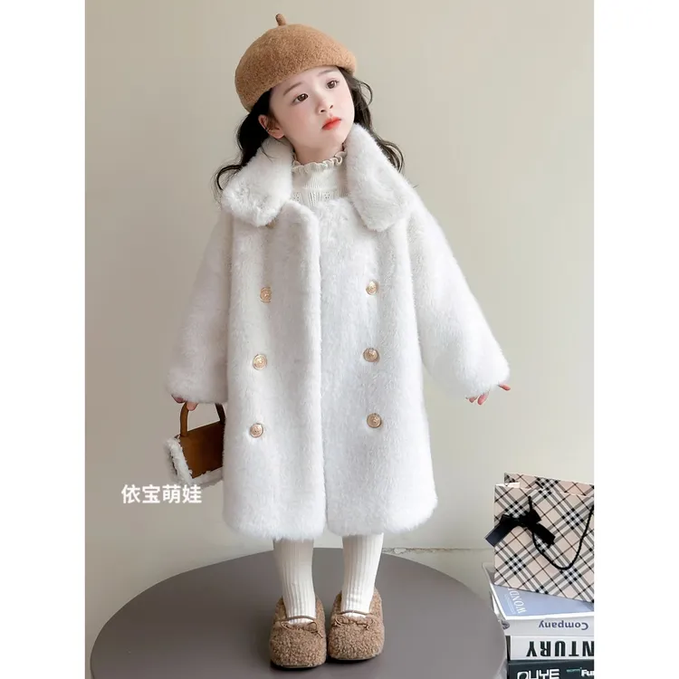 儿童皮草外套秋冬皮毛一体女童中长款加绒女宝宝厚毛毛大衣小女孩