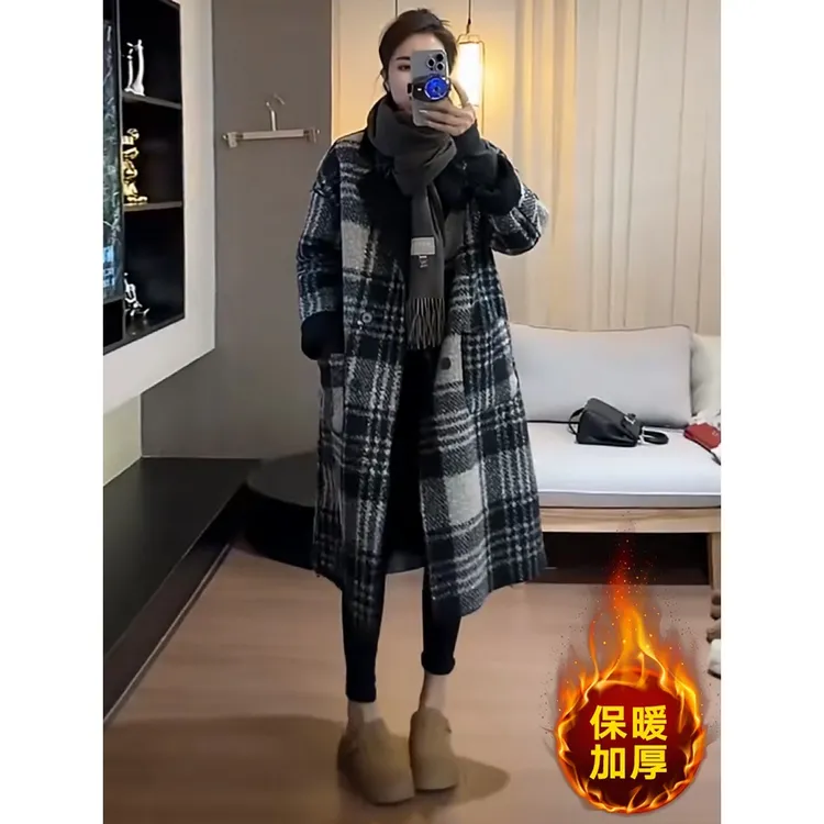 欧货复古撞色格纹加厚毛呢大衣女设计感双面可穿时尚保暖呢子外套