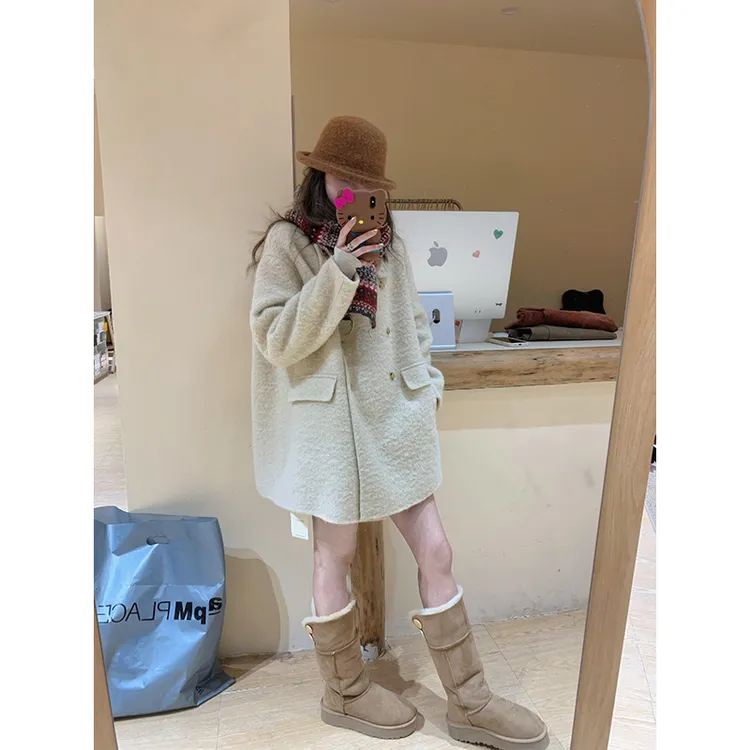 韩系穿搭纯欲风修身内搭宽松小个子高级毛呢大衣秋冬新款气质短裙