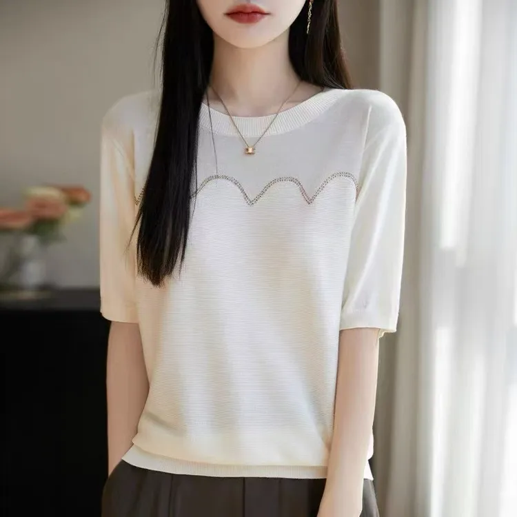 夏季女士宽松纯色薄款莱赛尔天丝短袖针织上衣