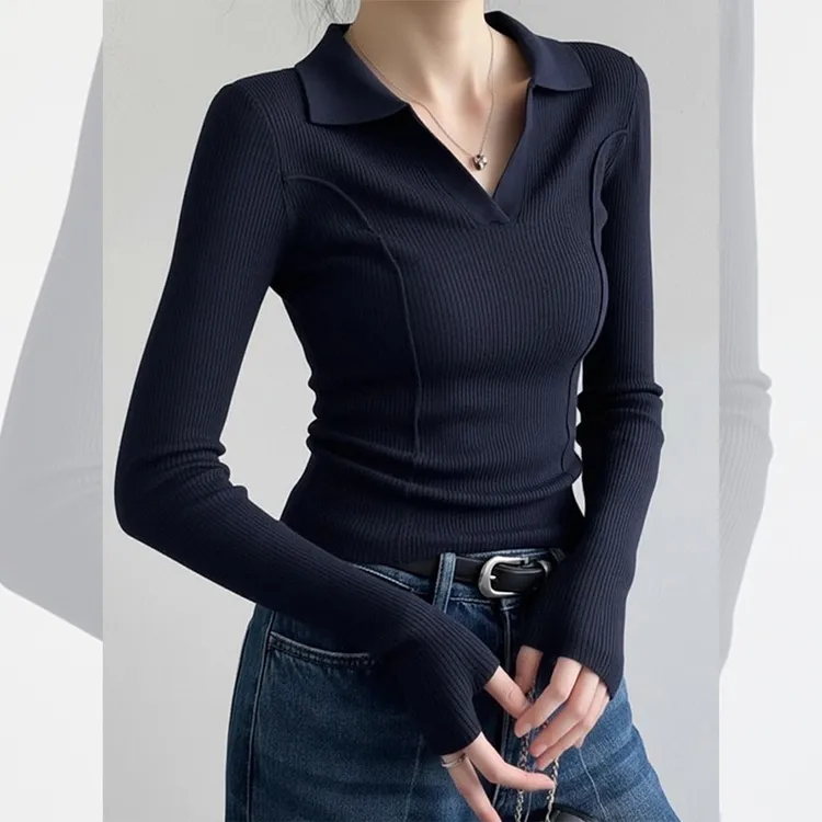 法式藏青polo衫翻领针织打底衫女秋冬毛衣内搭高级感气质长袖上衣
