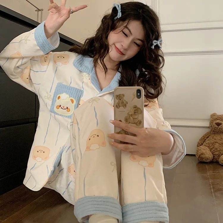 【PIC】空气棉夹层秋冬睡衣女韩系ins风可爱印花翻领少女家居服套装