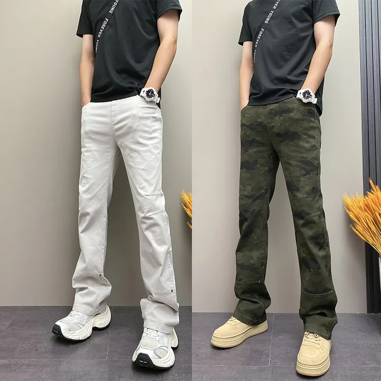 2025年秋冬新款个性设计感迷彩休闲直筒阔腿喇叭裤青年男士牛仔裤