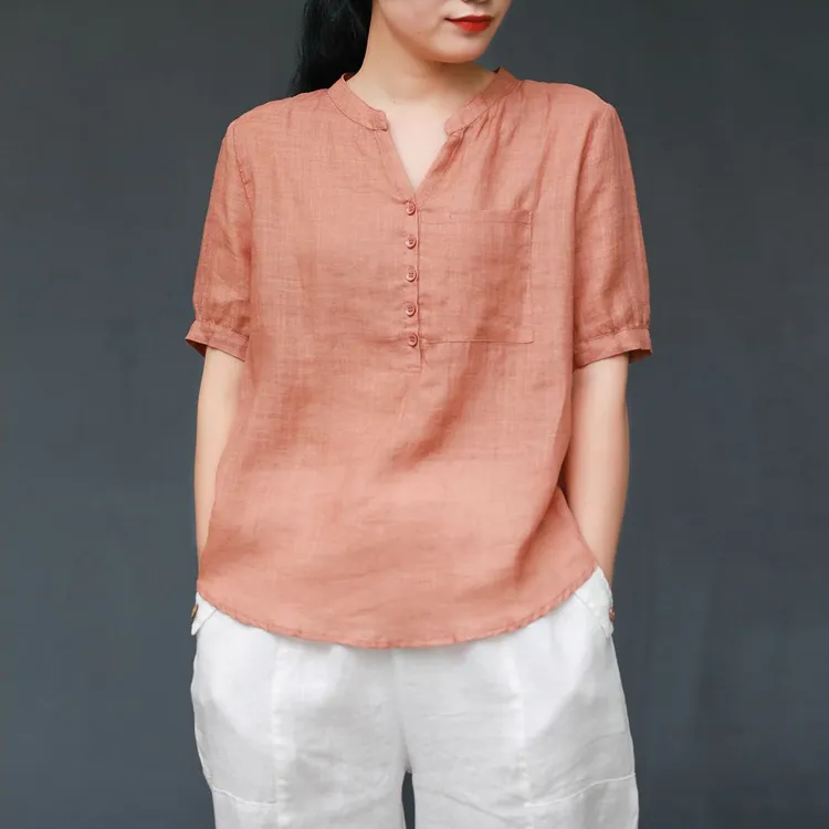 V领纯色棉麻衬衫女2025夏女士新款复古文艺气质短袖宽松休闲显瘦