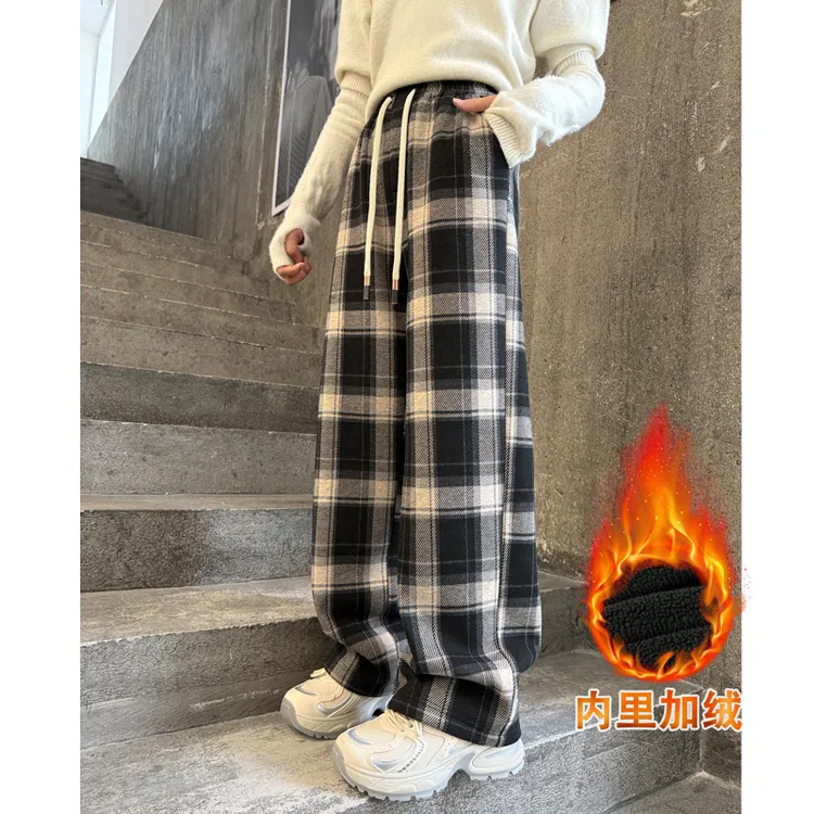 1665【毛呢加绒格子裤】女裤子大童秋冬款直筒裤高腰显瘦休闲裤