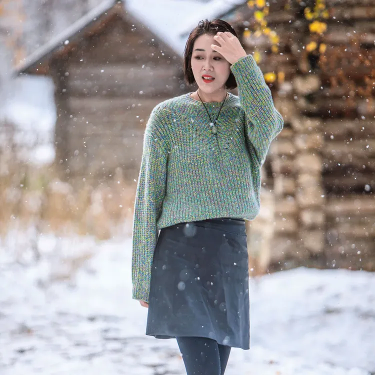 火桐hooton 浮翠流丹 7股花纱山羊绒圆领套头衫85669