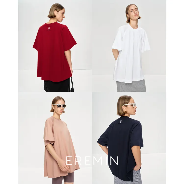DE Mincollection多色伞T/A摆休闲廓形纯色插肩袖圆领T恤55143