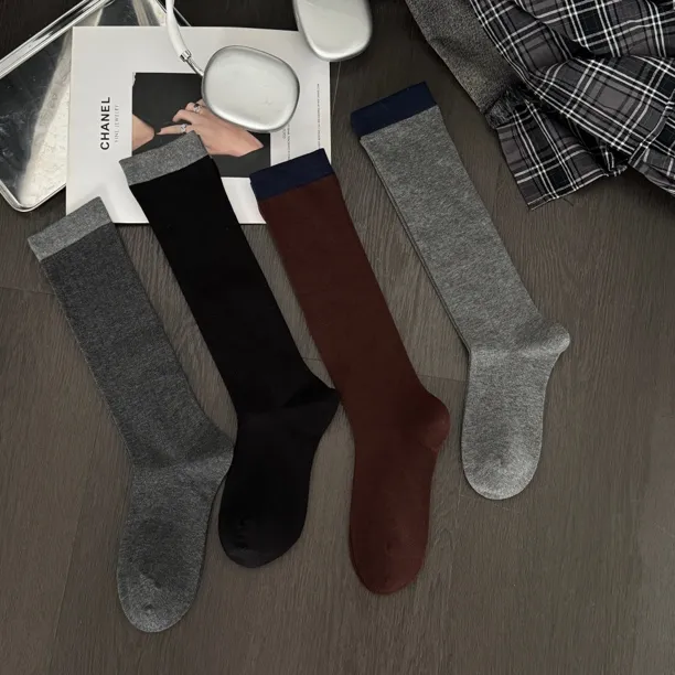 秋季撞色抽条长筒袜女小腿袜拼接显瘦及膝休闲风森系堆堆袜