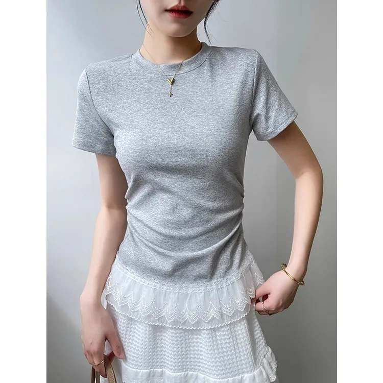 灰色圆领短袖t恤女2025新款夏季蕾丝拼接内搭芭蕾风纯棉正肩上衣