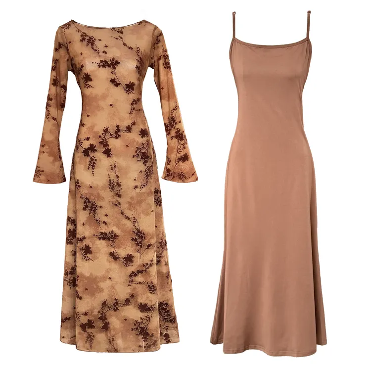 绱品国风轻熟植绒绣花网纱连衣裙女弹力修身长裙吊带裙两件套2876