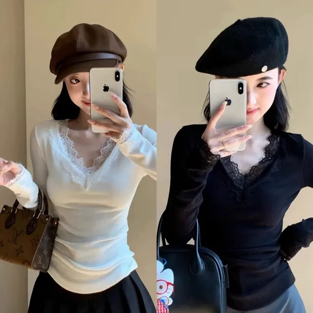 【双面德绒 蕾丝版】纯欲修身长袖V领加绒弹力蕾丝花边磨毛打底秋冬