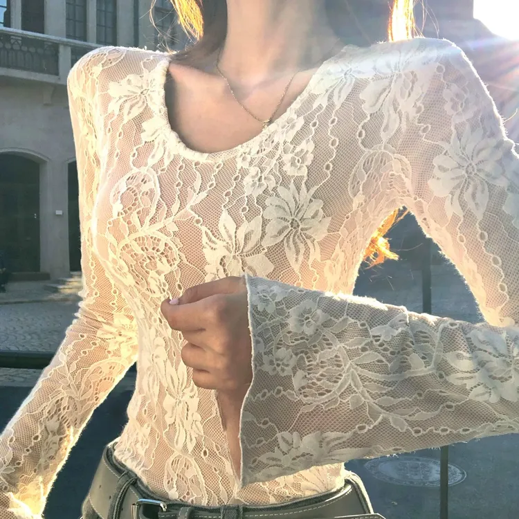 纯欲风蕾丝女秋冬内里磨毛加绒浮雕蕾丝内搭打底上衣圆领长袖修身