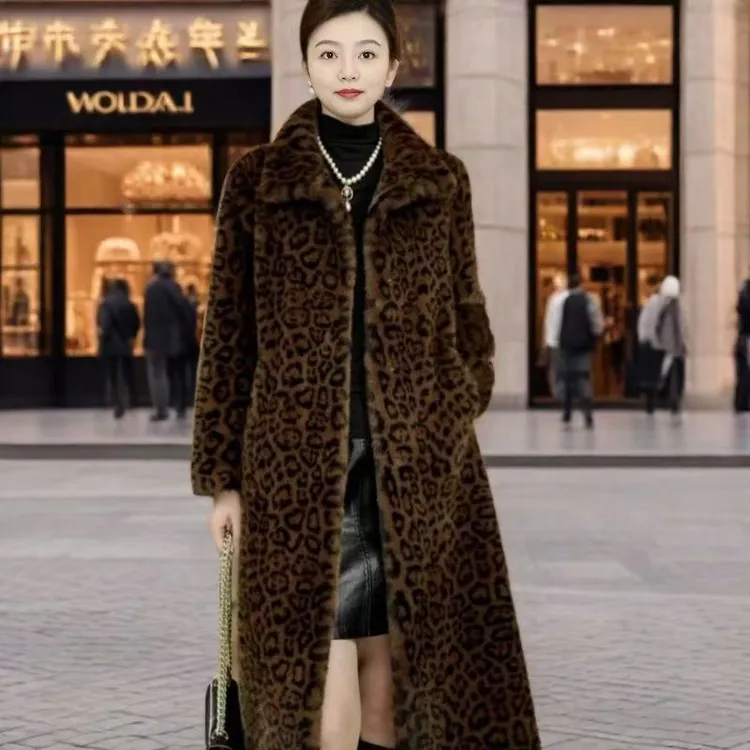 【女王优选】长款豹纹冬季皮毛一体大衣毛毛加厚皮草环保保暖外套