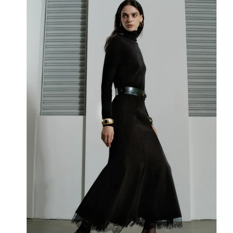 LYNEE【人鱼公主】新 蕾丝拼接鱼尾半裙女冬中长款半身裙LGD2FAW196