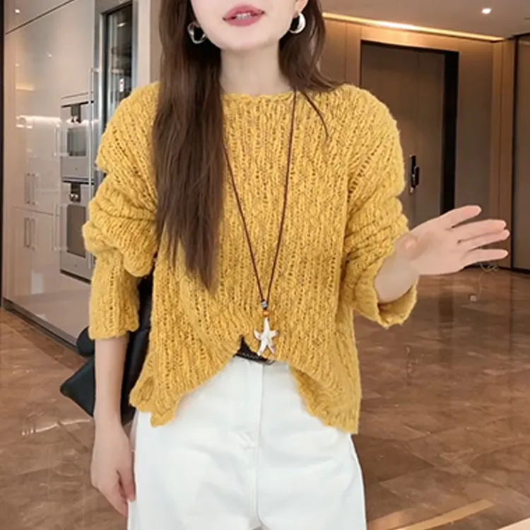 韩系纯色设计感长袖女2025秋季新款温柔显瘦气质甜美显瘦针织上衣